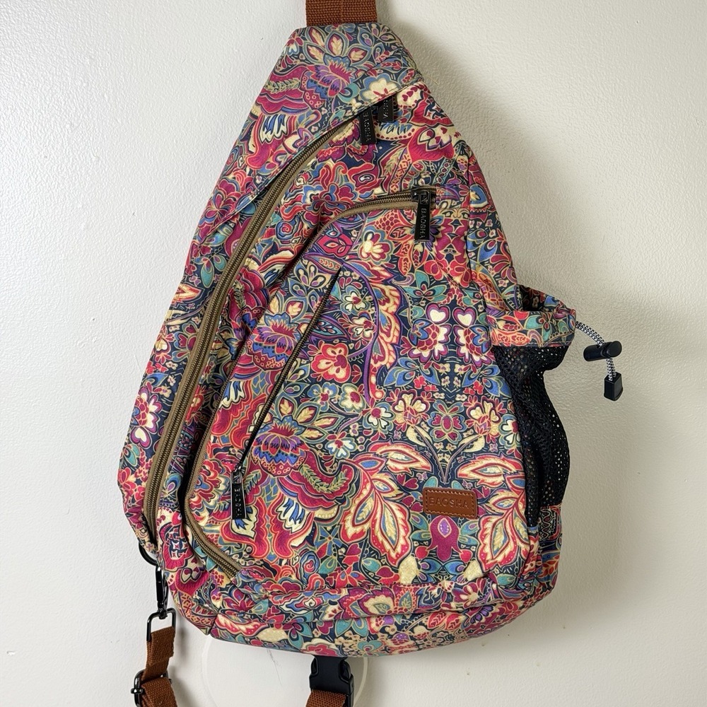 Boho Sling Backpack Floral /burgandy Canvas Adjustable Straps Pockets Festival